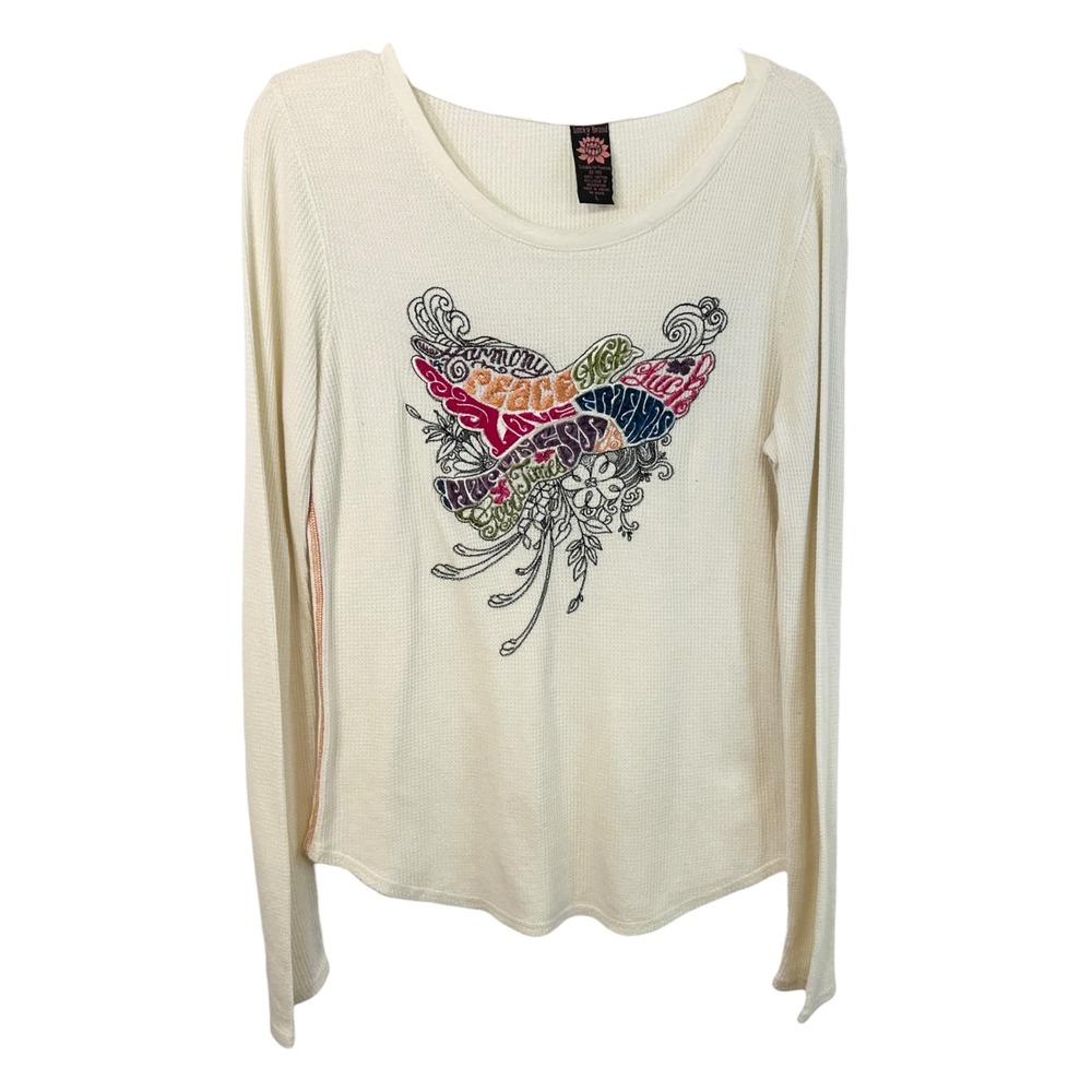 VTG Y2K Lucky Brand Large Top Thermal Embroidered Peace Love Bird Lotus 1473